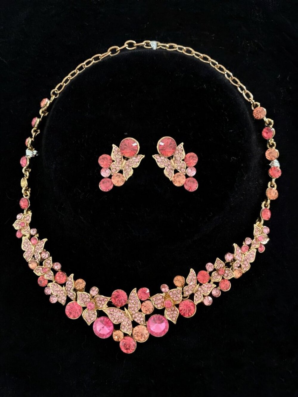 Pink Crystal Butterfly Necklace & Earrings Set – Gold Tone Statement Jewelry